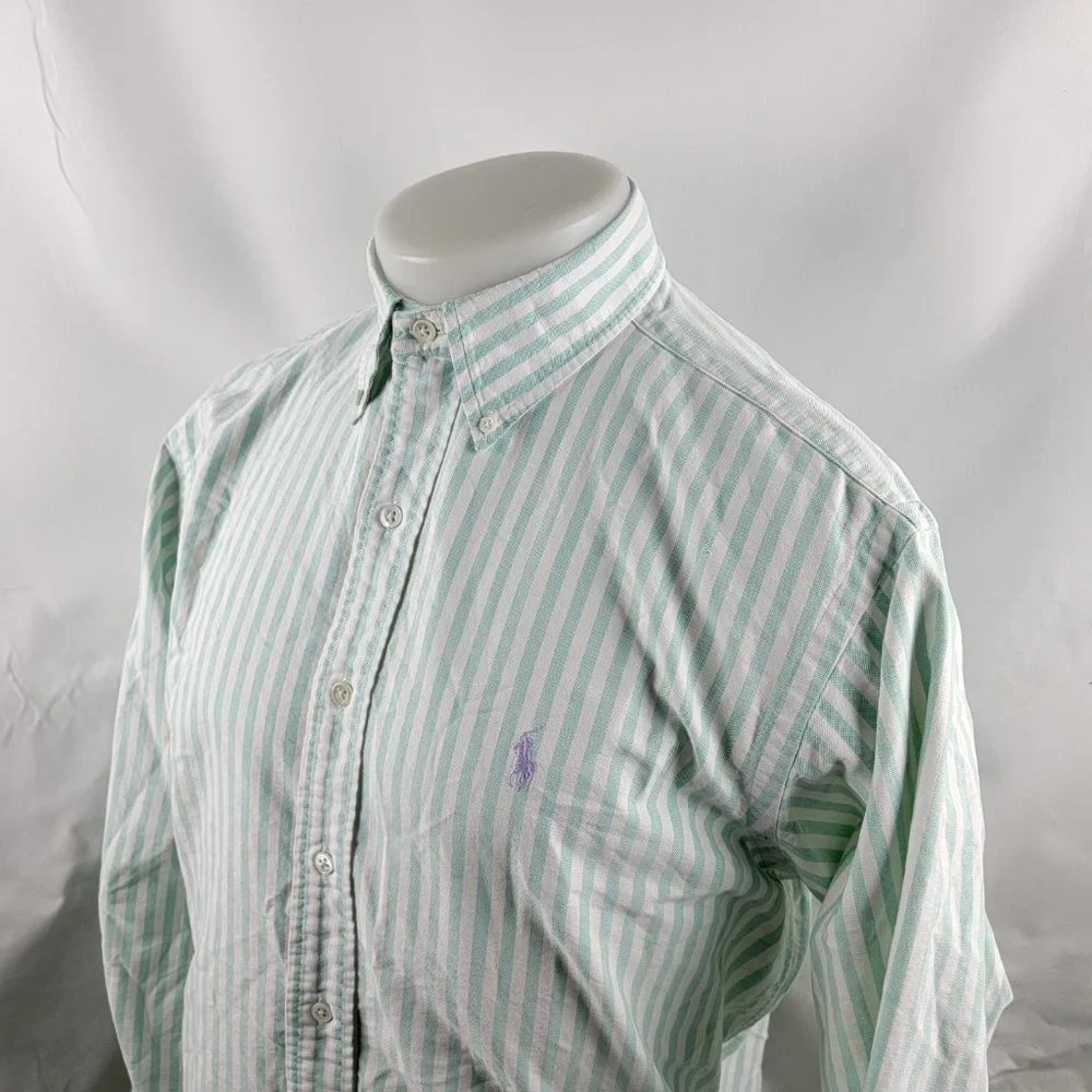Ralph Lauren Men's Light Green and White Striped Button-Down Shirt